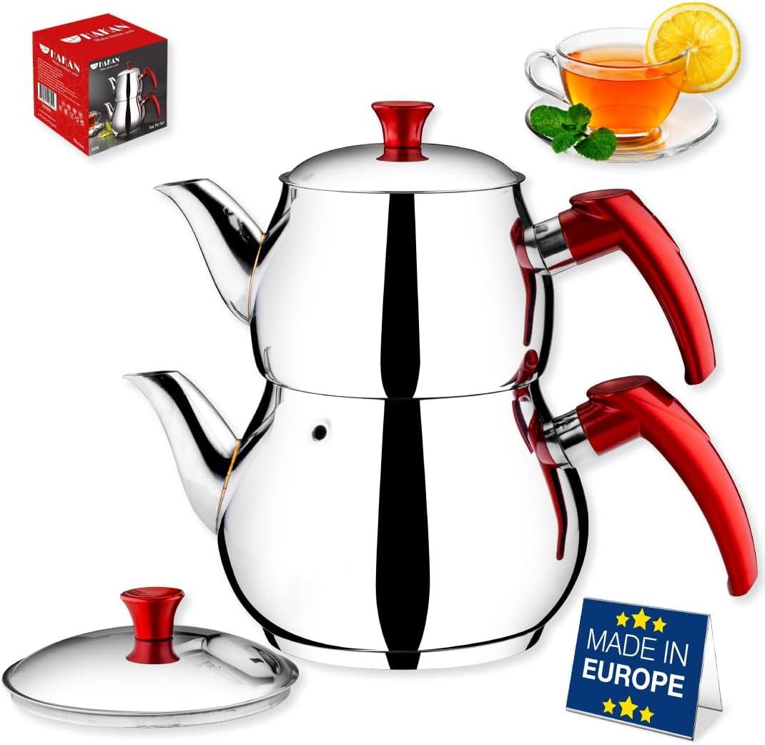 Hakan Stainless Steel 2 L, 67 Oz, Mini Double Bondy Tea Pot Set with Self Strainer Double Lids, Turkish Samovar Style Teapot Set, Tea Kettle for Loose Leaf Tea with Red Bakelite Handle 2.1-Quart