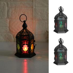 2 Pack Moroccan Style Candle Lantern, Small Tealight Candle Holder with Transparent Flower Glass Panels, Hanging Lantern Outdoor for Ramadan, Decorative Metal Lamp for Patio, Weddings 6.5inch（Black）