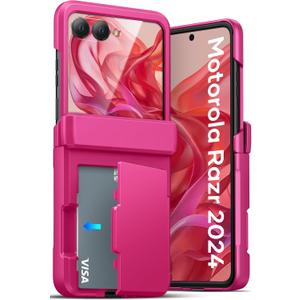 ATATOO for Motorola Razr 2024 Wallet Case with Card Holder (3 Cards) & Hinge Protection & HD Screen Protector, Military Grade Protection, Women Men Cute Phone Cover for Moto Razr 2024, Hot Pink