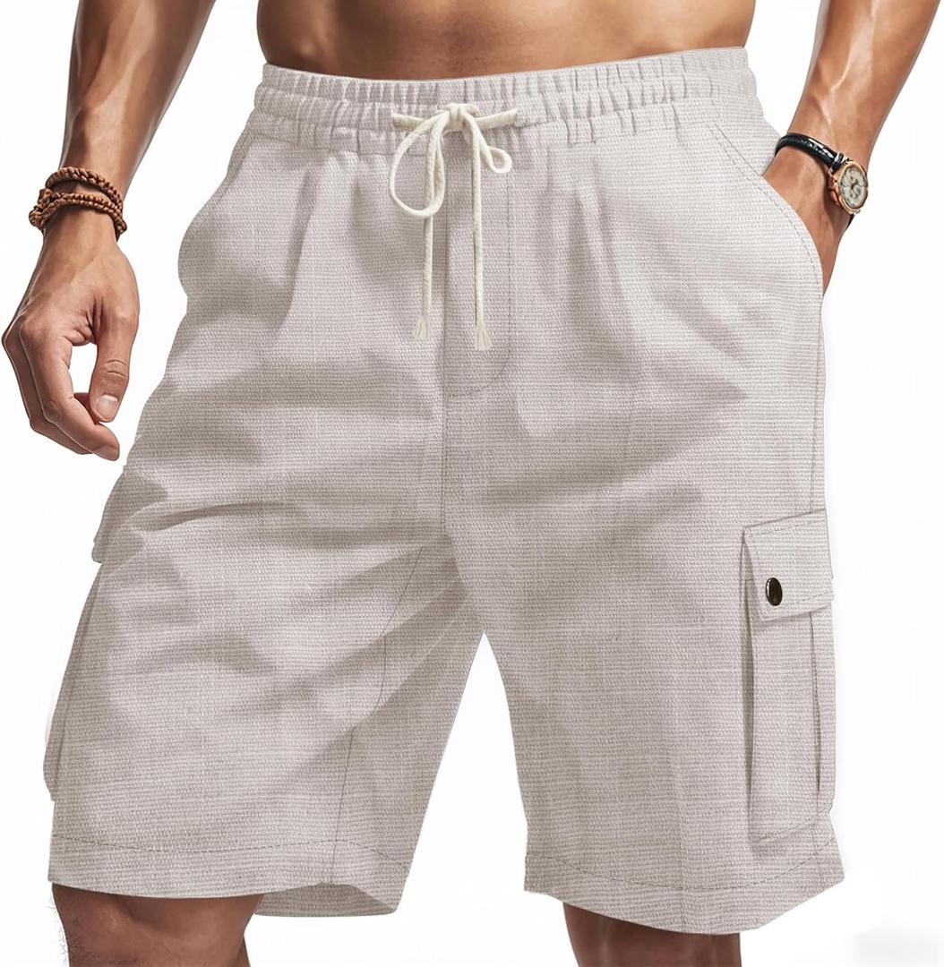 Men's Casual Linen Cargo Shorts with Drawstring Waist & 5 Pockets (Medium, Light Gray)