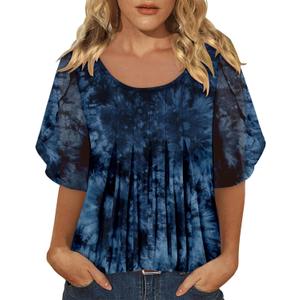 onlypuff Womens Double Layered Tunic Tops Half Sleeve Floral Double Layered Sheer Flowy Blouse Round/V Neck Casual Shirts (Red, L)