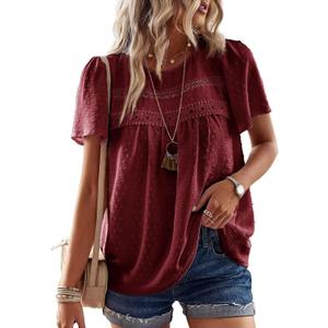 Womens Summer Tops Crewneck Short Sleeve Shirts Casual Chiffon Blouses Flowy Lace Hem Boho Clothing Trendy 2025 (Large, Burgundy)