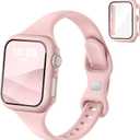 Thin Slim Band and Case Compatible for Apple Watch Bands Women Men 40mm 44mm 42mm 46mm 41mm 45mm, Silicone Sport Strap Cover and Screen Protector for iWatch Series 11/10/9/8/7/6/5/4/SE 3 (Pink)