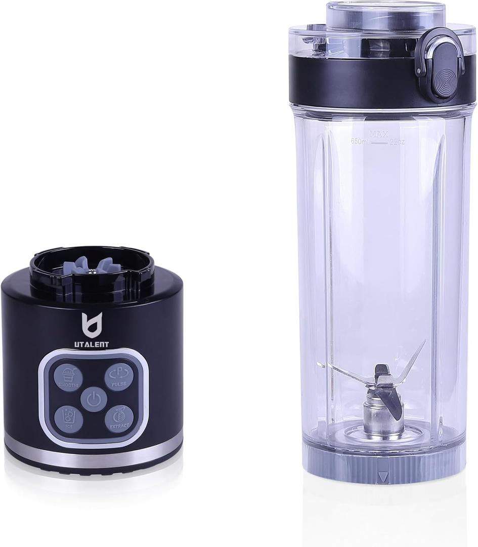 UTALENT Cordless Portable Blender, 25 oz removable Vessel, 700W Personal Blender, For-Smoothies, Ice Crush, 4 Programs, Leakproof-Lid & Sip Spout, USB-C Rechargeable, Dishwasher Safe Parts, Black