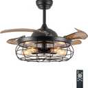 DuMaiWay 48" Retractable Ceiling Fans with Lights, Fandelier Industrial Caged Ceiling Fan with Remote Controller Vintage Style for Farmhouse/Living Room/Bedroom/Restaurant 5 Lights 4 Fan Blades
