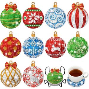 10 Pcs Christmas Ball Diamond Art Coasters DIY Red and Green Snowflake Elk Christmas Diamond Painting Coasters 5d Full Rhinestone Xmas Art Set for Adults Beginner