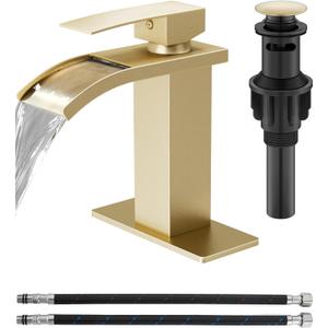 Waterfall Bathroom Faucet 1 Hole, Single Hole Bathroom Faucet, Single Handle Vanity Sink Faucet with Deck Plate, Pop-up Drain & Supply Lines, Brushed Gold