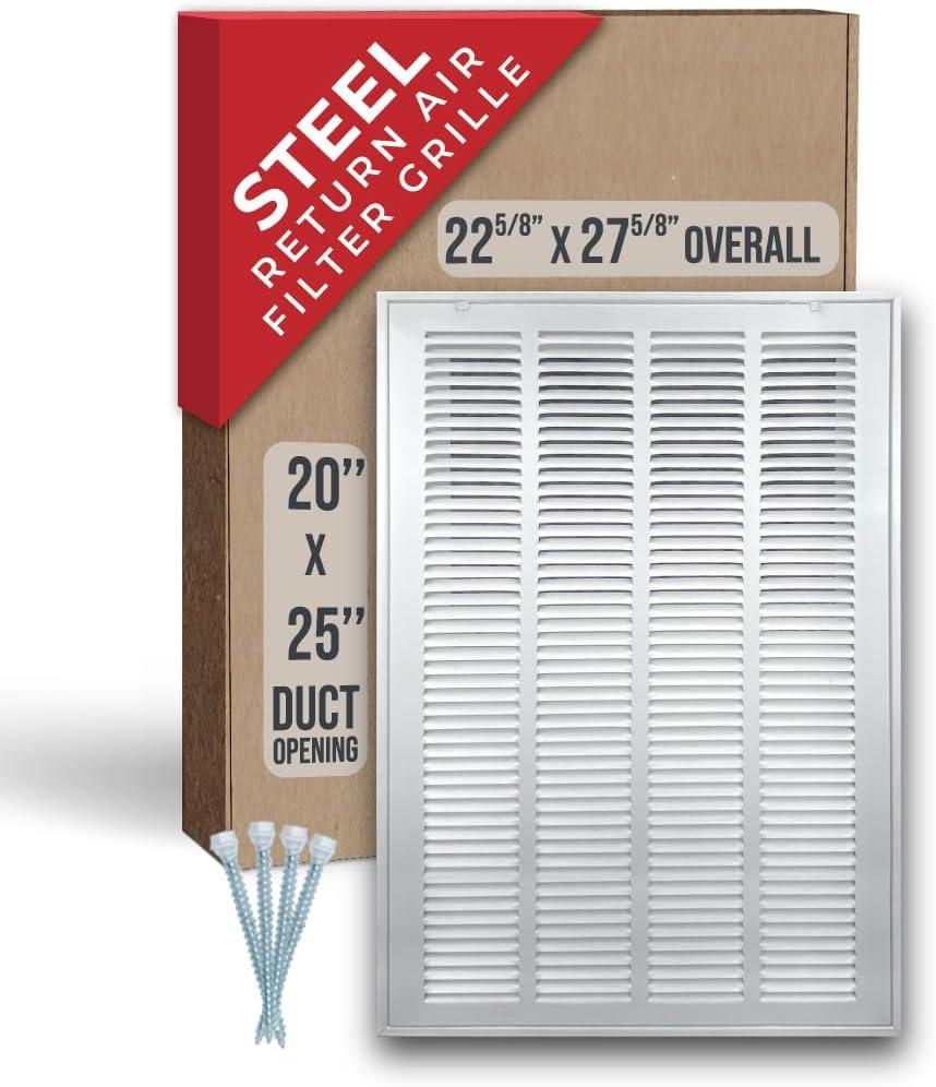 Fits 20x25 Duct Opening | Steel Return Air Filter Grille by Handua [Removable Door] for 1-inch Filters | Vent Cover Grill | White | HVAC Cold Air Intake Grille | Out Dim: 22 5/8"W X 27 5/8"H