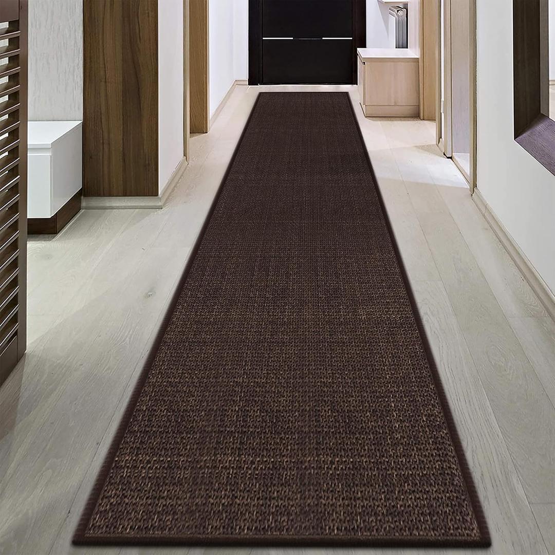 GOYLSER 12ft Jute Laundry Room Rug Non Slip, Rubber Backed Kitchen Rug Floor Runner Rug, Natural Long Carpet Runners for Hallway, Deep Brown