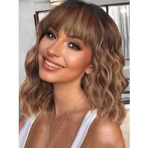 QGZ Brown Highlight Bob Wig with Bangs 12 Inches Short Wavy Synthetic Brown Mix Blonde Wig for Women Shoulder Length Hair for Daily Use