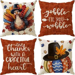 Thanksgiving Pillow Covers Gobble Til You Wobble Turkey Pumpkins Maple Leaves Throw Pillow Cases Set of 4 Fall Decorations for Farmhouse Home Bedroom Sofa Couch Outdoor Holiday Decor 18x18 Inch