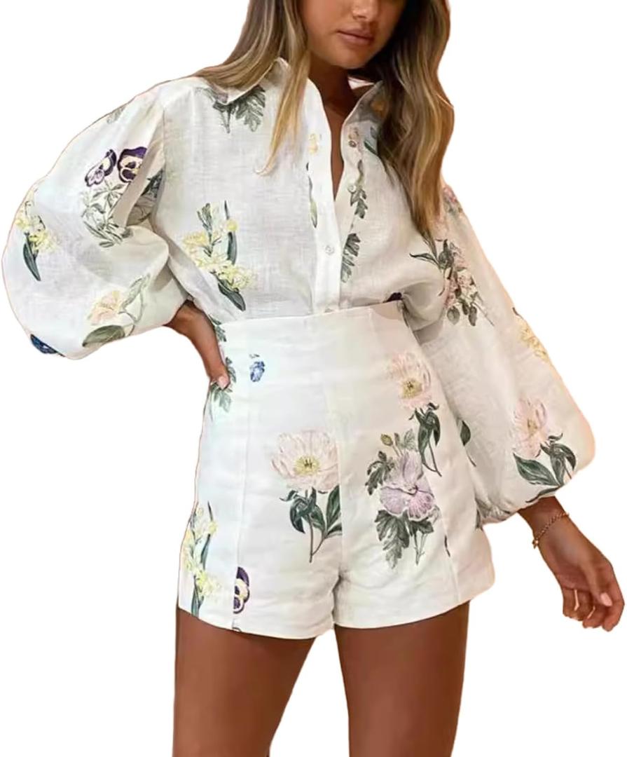 Molilove Womens 2 Piece Outfit Hawaiian Long Sleeve Button Down Shirt and Shorts Tracksuit Lounge Set (Medium, Beige)