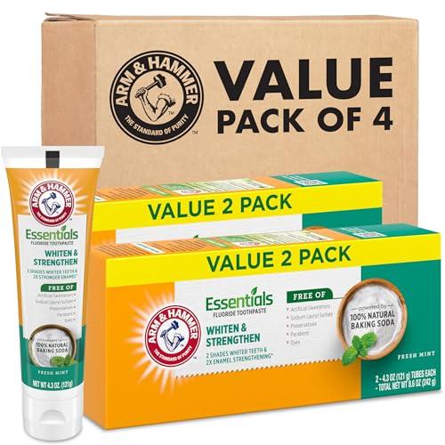 ARM & HAMMER Essentials Whiten & Strengthen Fluoride Toothpaste-4 Pack of 4.3oz Tubes, Fresh Mint- 100% Natural Baking Soda- Fluoride Toothpaste