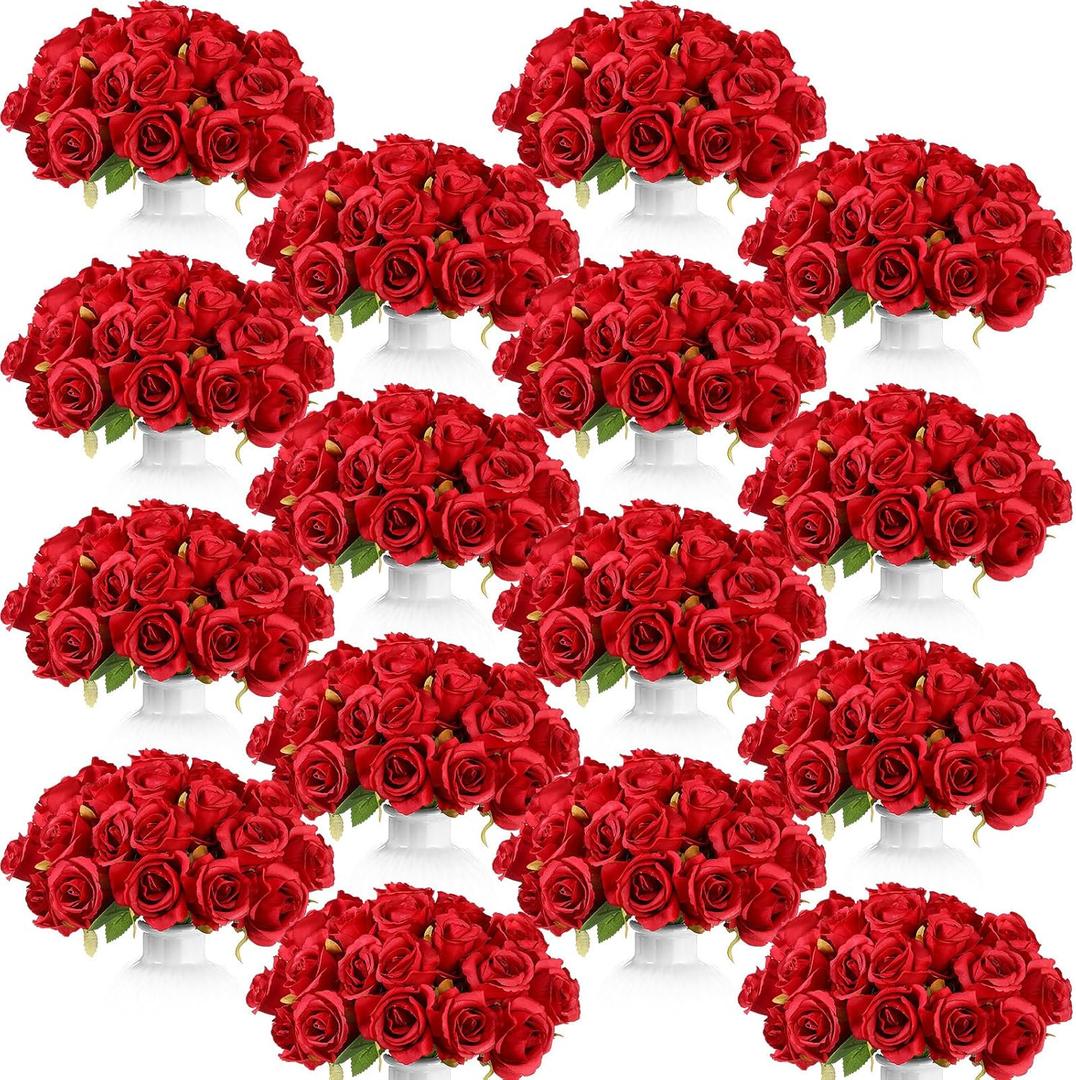 Jexine 240 Pcs Artificial Rose Flowers Bouquet Silk Realistic Flowers Bulk Centerpieces DIY Bride Fake Rose for Home Bridal Wedding Party Decorations(Red)