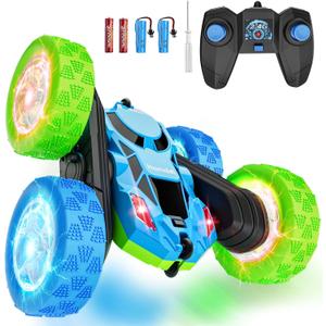 Remote Control Car for Kids RC Stunt Cars with Cool Wheel Lights 360 Rotating Boys Toys for Ages 6 7 8 9 10-12 Kids Gift Ideal(Blue&Green)