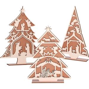 Thyle 3 Pcs Christmas Nativity Scene Table Decor Set, Wooden Christmas Tree Cutout Rustic Jesus Nativity Tabletop Sign for Xmas Tree Table Centerpieces Holiday Religious Home Decoration