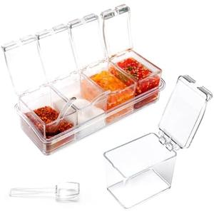 PNDID Clear Seasoning Box, 4 Piece Seasoning Rack Spice Pots, Plastic Storage Container Condiment Jars with Lids and Spoon, Storage Container Spice Jar for Salt Sugar Tea Herbal Coffee Beans 2 Pack
