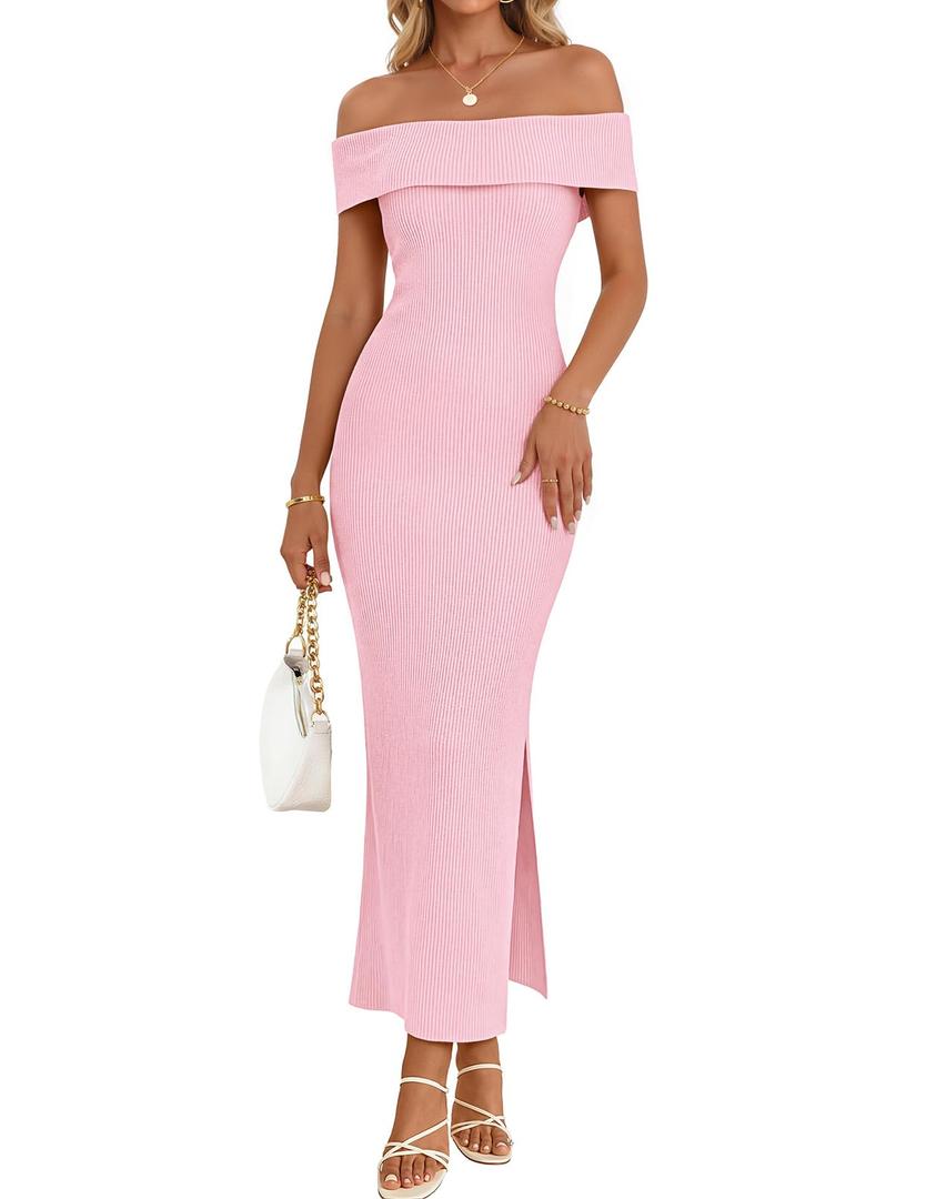 ZESICA Women's Off Shoulder Bodycon Maxi Dress 2026 Summer Ribbed Knit Cocktail Party Formal Sweater Dresses Pink Large