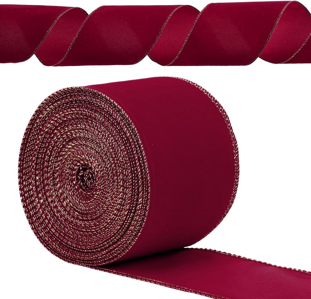 Yungyan Velvet Ribbons with Gold Edge Felt Ribbon Gift Bow Wrapping Ribbon Waterproof for Handmade, Home Decor, Gift Wrapping, Wreath DIY Crafts, Christmas Tree(Burgundy,4 Inch X 35 Yards)