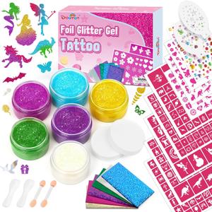 Dreamon Temporary Glitter Tattoo Kit for Kids with 6 Colors No-mess Glitter Gel, 325 Unique Stencils - Adult & Kids Body Art Glitter Make Up Kit - Gifts for Girls Boys Christmas Birthday Summer Party (Large)