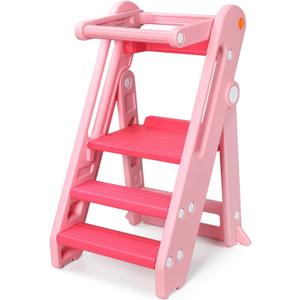Onasti Toddler Tower Kitchen Stool Helper - Foldable & Adjustable Height Kids Learning Stool for Kitchen Counter Bathroom Sink, Child Ladder for Toddlers with Handles, Safty Rail, Non-Slip Pads-Pink