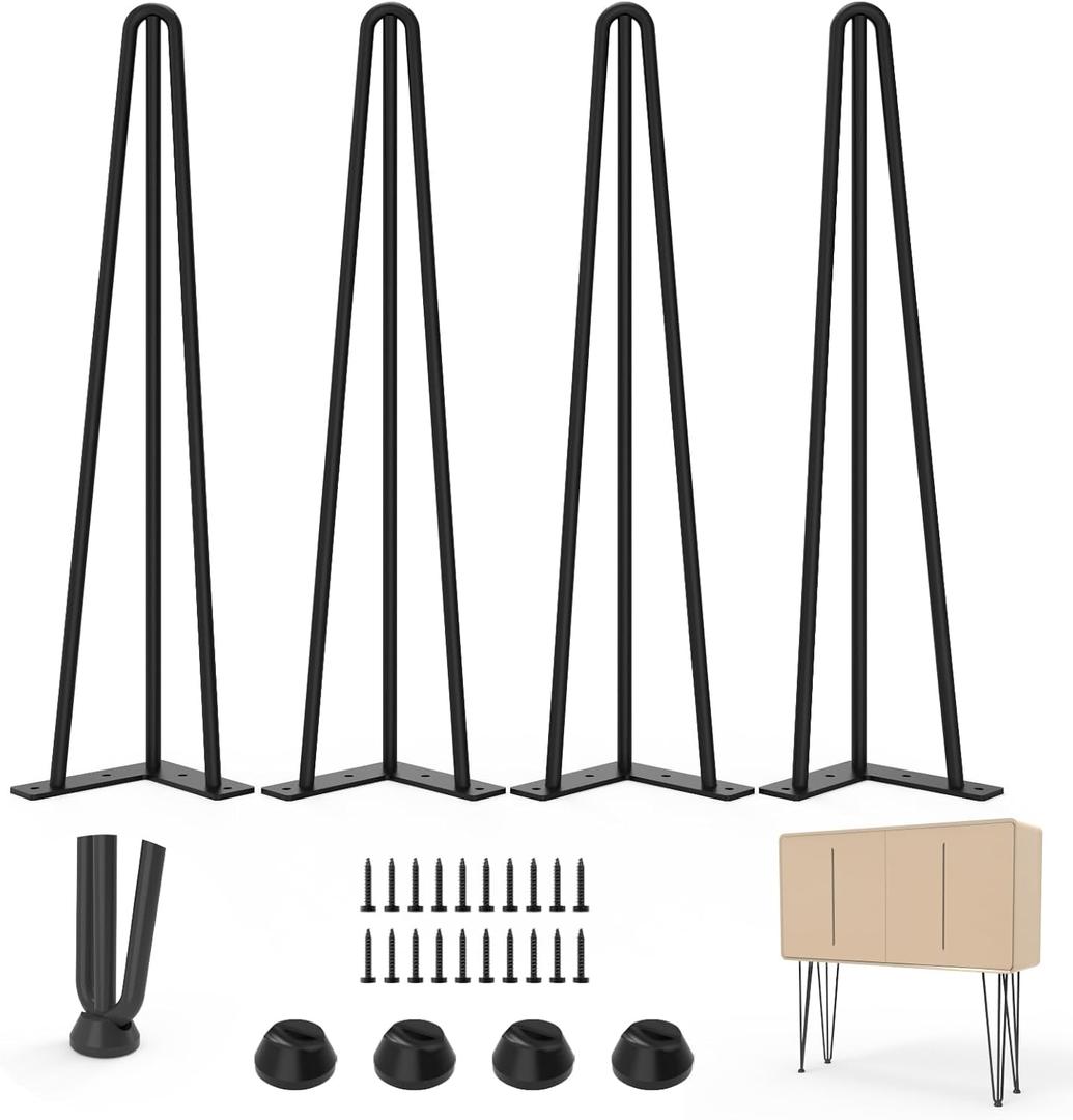 22" Hairpin Legs, Coffee Table Legs for Nightstand, Coffee Table, Desk, etc with Rubber Floor Protectors Black, 4 PCS