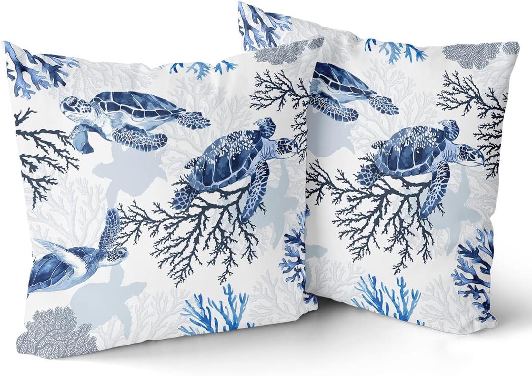 Sea Turtle Pillow Covers 16x16 Inch Set of 2 Nautical Coastal Polyester Decorative Throw Pillow Cases Beach Themed Ocean Coral Outdoor Cushion Covers for Bedroom Living Room Sofa Couch Chair