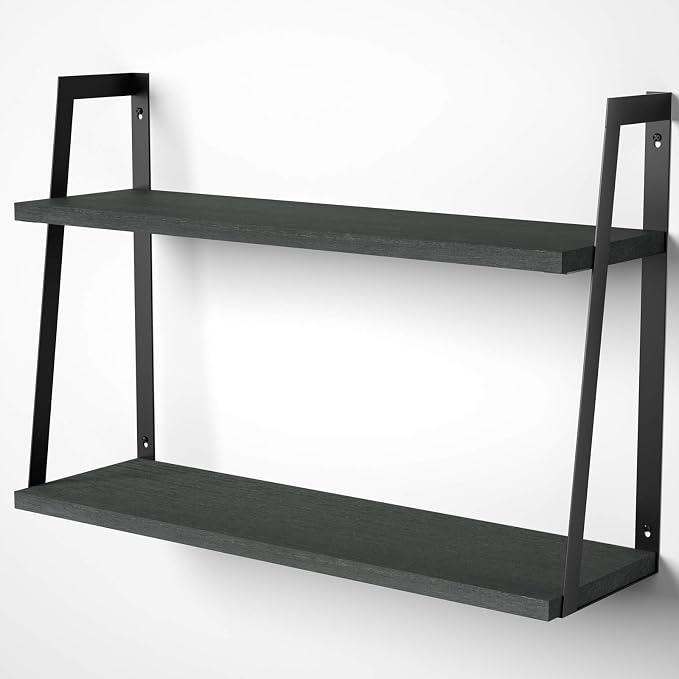 SRIWATANA Black 2-Tier Floating Wall Shelves, Rustic Wood Storage Shelf Set