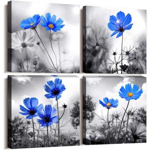 Wall Art For bedroom Black and White cyan blue flower Canvas Wall Decor for Home Decor artwork painting 12" x 12" 4 Pieces Canvas Print For Living Room Decor Modern Salon kitchen Still Life Painting