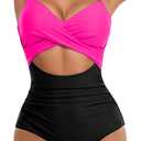 Eomenie Women's One Piece Swimsuits Tummy Control Cutout High Waisted Bathing Suit Wrap Tie Back 1 Piece Swimsuit (Medium, Hot Pink Black)