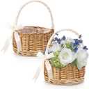 Lyellfe 2 Pack Flower Girl Basket, Handmade Wicker Rattan Basket with Handle Silk Ribbon, Decorative Eggs Candy Basket for Gifts, Wedding, Camping, Home Decor