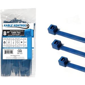 Kable Kontrol Metal Detectable Blue Zip Ties 100 Pcs 8 Inch, 50 Lbs Tensile Strength, Iron Infused Self-Locking Industrial Cable Ties