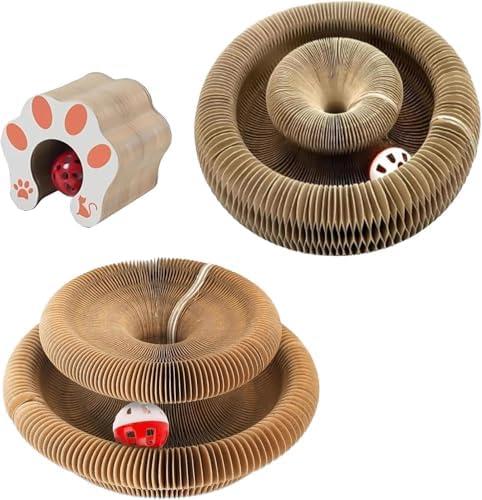 2 Pack Kitty Kurls Cat Scratcher, Magic Organ Cat Toy Scratching Board with Bell Balls, Reversible Corrugated Cardboard for Pet Claw Care