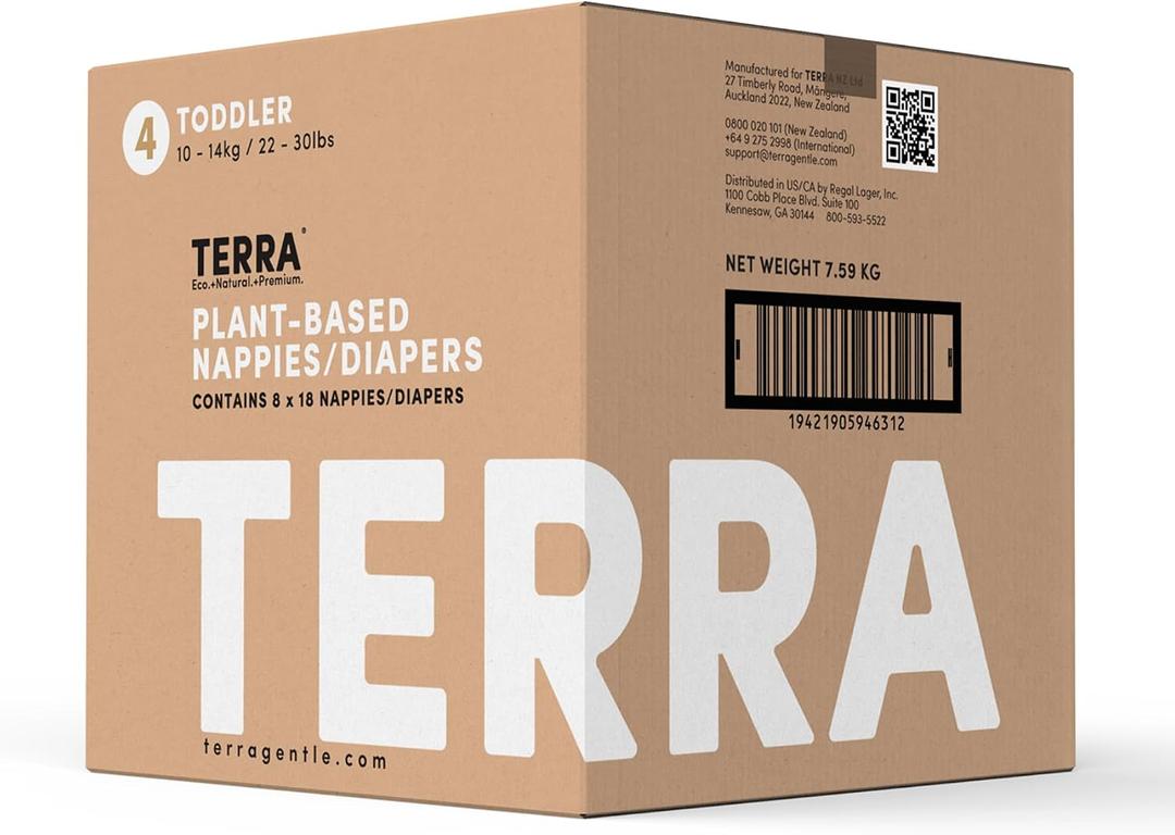 Terra Diapers Size 4: 85% Plant-Based Diapers, Ultra-Soft & Chemical-Free for Sensitive Skin, Superior Absorbency for Day or Nighttime Diapers, Designed for Toddlers 22-30 Pounds, 144 Count