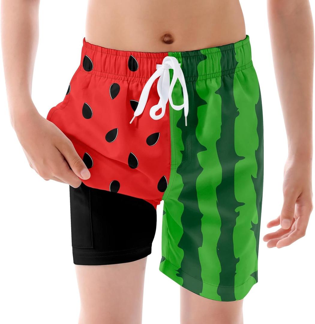 Boys Board Shorts Red Fruit Swim Suits Youth 2 in 1 Green Watermelon Stretch Shorts 18T Hawaiian Swim Trunks Teen Swimming Wear