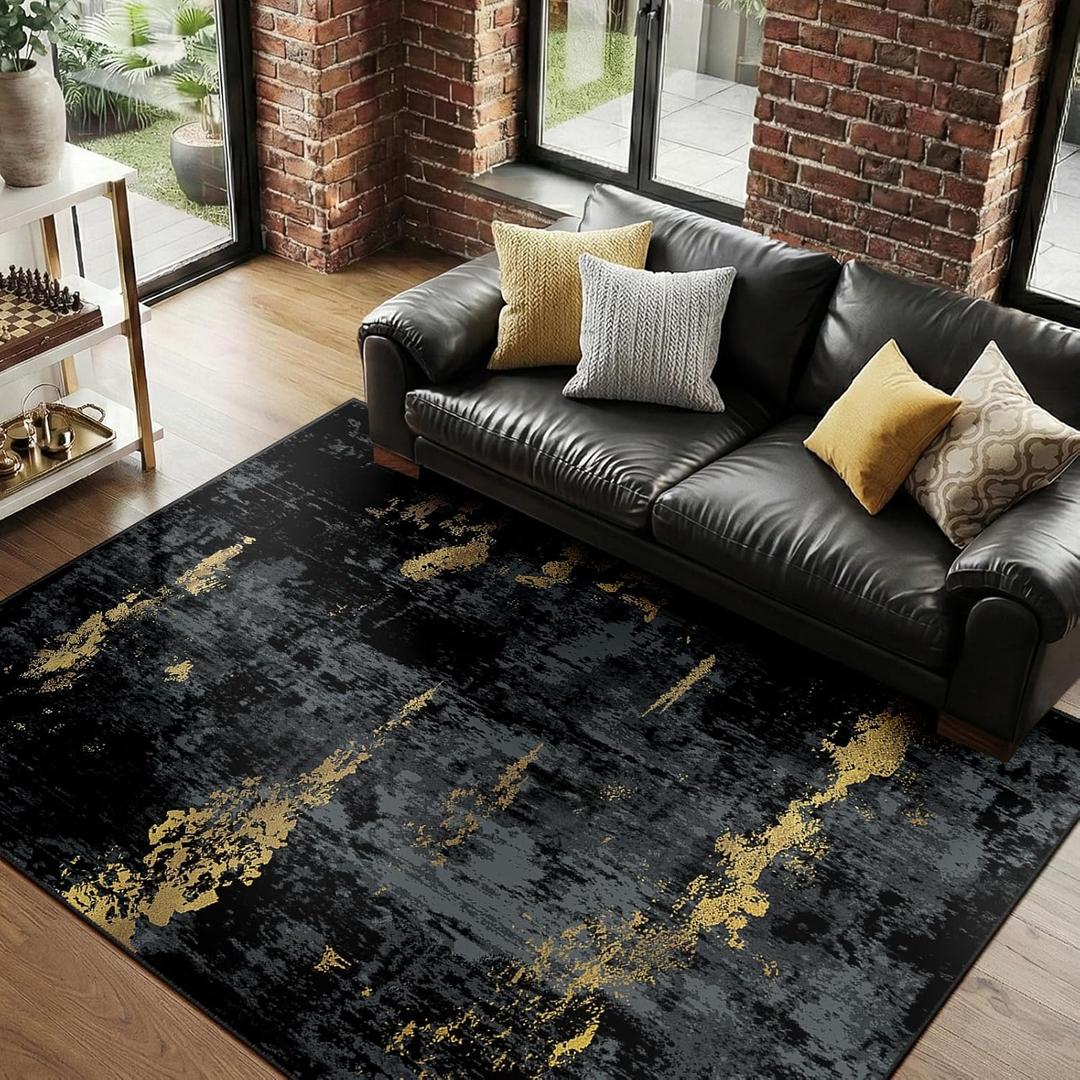 RELEANY Washable Area Rugs 4'x6' Non-Slip Modern Abstract Soft for Living Room Entryway Bedroom Nursery, Print Pattern, Dark Black Gold