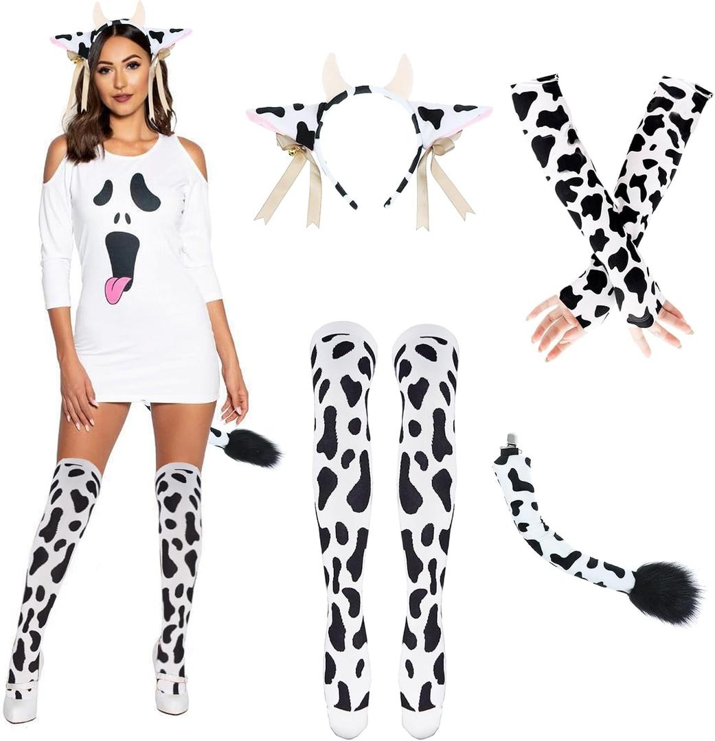 4Pcs Womens Cow Ears Headband & Tail Costume Set, Cows Print Arm Sleeves & Socks for Halloween Adults Cosplay Accessories (Black & White) (Black)