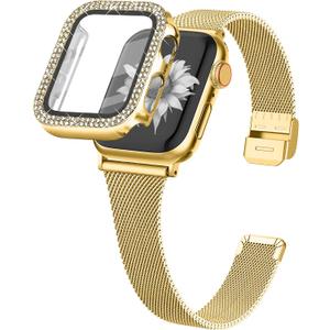 Joyozy Slim Stainless Steel Band Compatible with Apple Watch 38mm 40mm 41mm 42mm 44mm 45mm 46mm Milanese Strap with Bling Glitter Case Built-in Screen Protector Dressy Bracelet Band for Women (Gold 44mm)