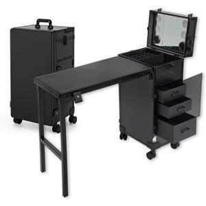 Rolling Manicure Table with 3 Drawers, Portable Nail Desk for Nail Tech, Foldable Nail Table Lockable Makeup Case with Mirror, Nail Polish Organizer, Mobile Nail Tech Workstation with Wheels, Compact