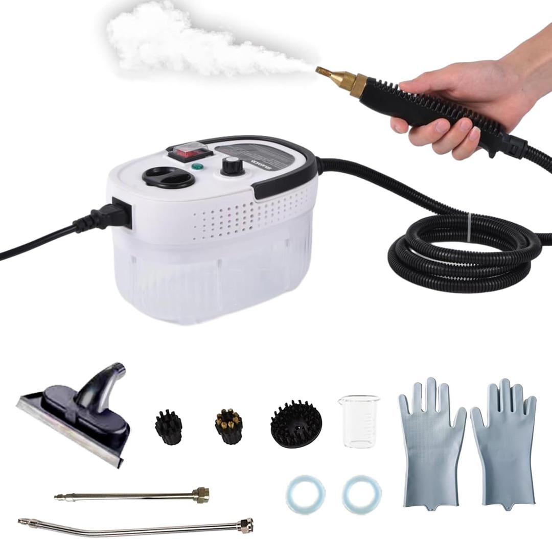 Handheld Steam Cleaner, 2500W High Pressure Steamer for Cleaning, 6 Speeds Portable Steam Cleaner Machine with 3 Brush Heads & Window Squeegee for Kitchen Furniture Bathroom Car (White)