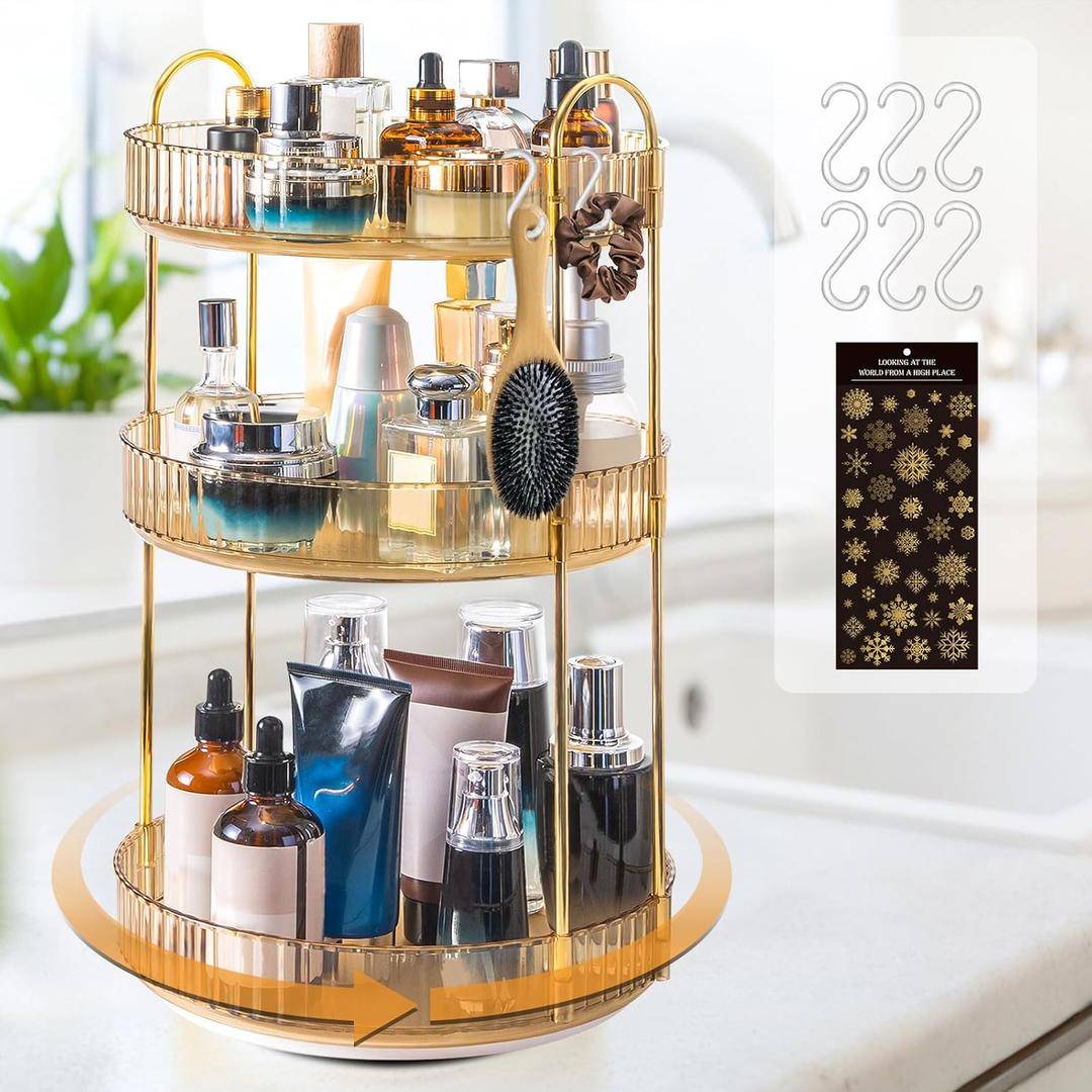 Makeup Organizer for Vanity,360 Rotating Large Skincare Make Up Storage Perfume Organizers Cosmetic Dresser Organizer Countertop Organizer with Extra Hooks DIY Stickers for Bathroom