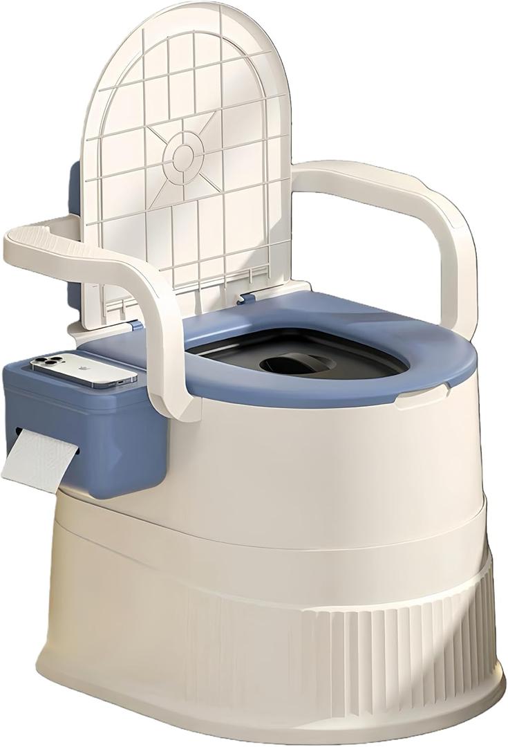 Portable toilet seat with armrests, with lid, with tissue holder, with seat function, robust, easy to clean, no power connection required, suitable for indoor and outdoor use (Blue)
