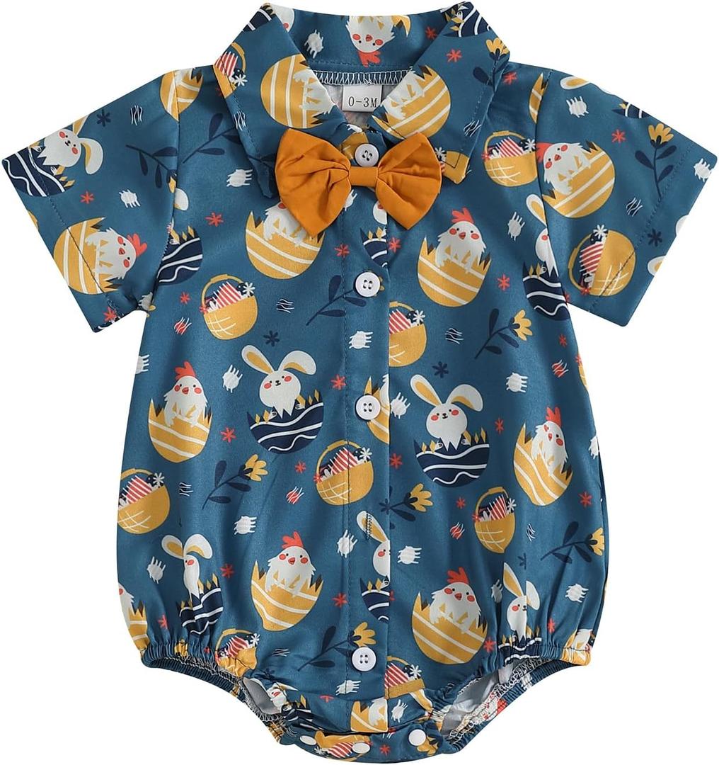Baby Boy Easter Outfit Bunny Bunny/Carrot/Chick Print Dress Shirt Bodysuit Lapel Button Short Sleeve Romper Top (0-3 Months, Dark Blue)