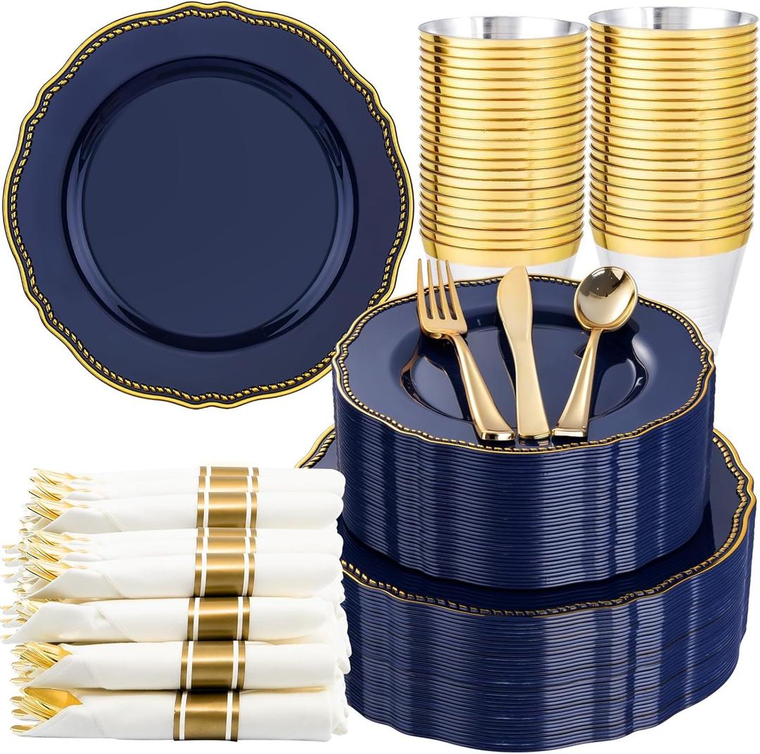 Hioasis 350pcs Blue and gold Plastic Plates - Blue Plastic Dinnerware Set Includes 50 Dinner Plates, 50 Dessert Dinnerware, 50 Cups, 50 Rolled Napkin Cutlery Perfect for Wedding