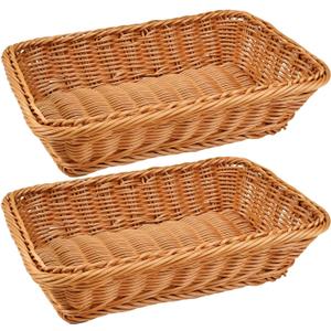 2 Pack 12" Rectangular Poly Wicker Bread Baskets, Durable Woven Serving Basket for Fruits, Vegetables Bread Indoor/Outdoor Use in Kitchen, Home, Restaurant