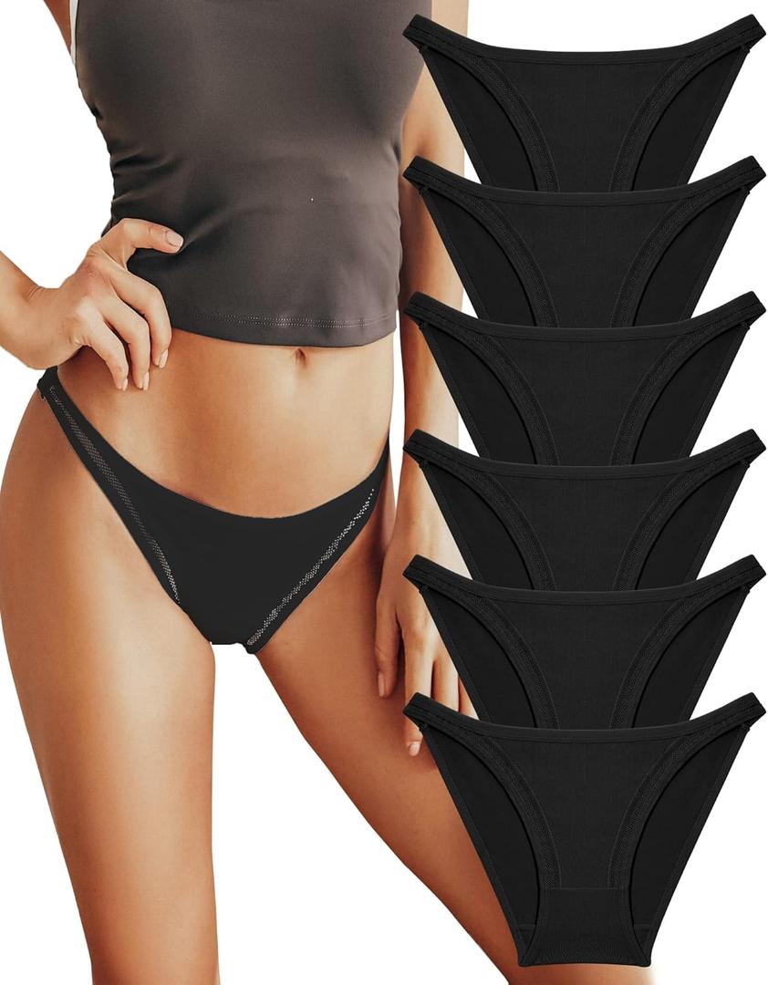 FINETOO 6 Pack String Underwear for Women Cotton High Cut Stretch Breathable Low Rise Hipster Cheeky Bikini Panties, Small