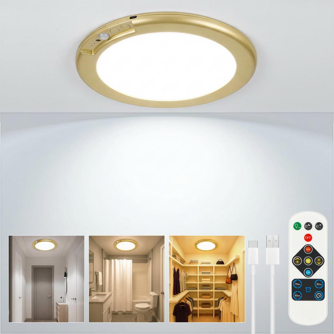Gold Wireless Rechargeable Ceiling Light, Motion Sensor Night Light Indoor
