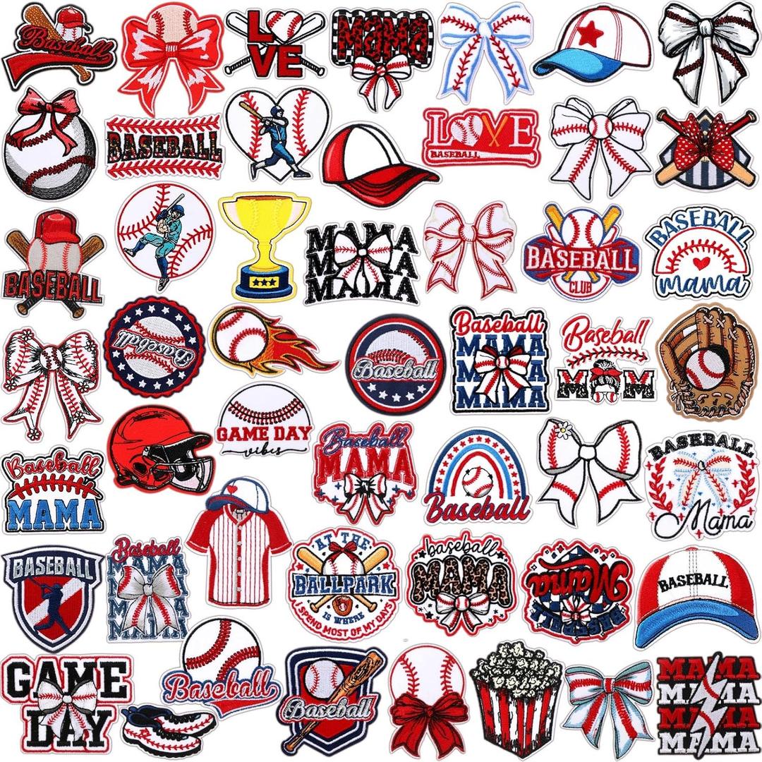 Wavwavw 50 Pcs Themed Iron on Patches Applique with Words Embroidered Sew on Cloth Colorful Multiple Styles Patches for Clothes Hats Backpacks Jackets Accessories Souvenirs Gifts(Baseball)