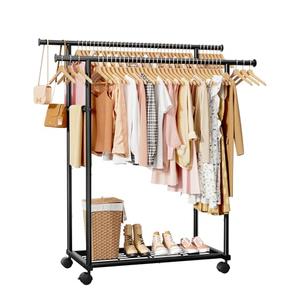 Sakugi Metal Clothes Rack - Double Rod Clothing Rack with Fixed Design and Rolling Wheels, Coat Rack with Built-In Shelf for Closet Organizers and Storage (38.5" x 16.9" x 59.0", Black)