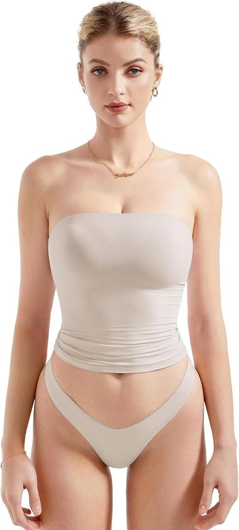SUUKSESS Women Sexy Tube Top Summer Y2K Going Out Double Lined Basic Tank Top (Medium, Lvory Apricot)